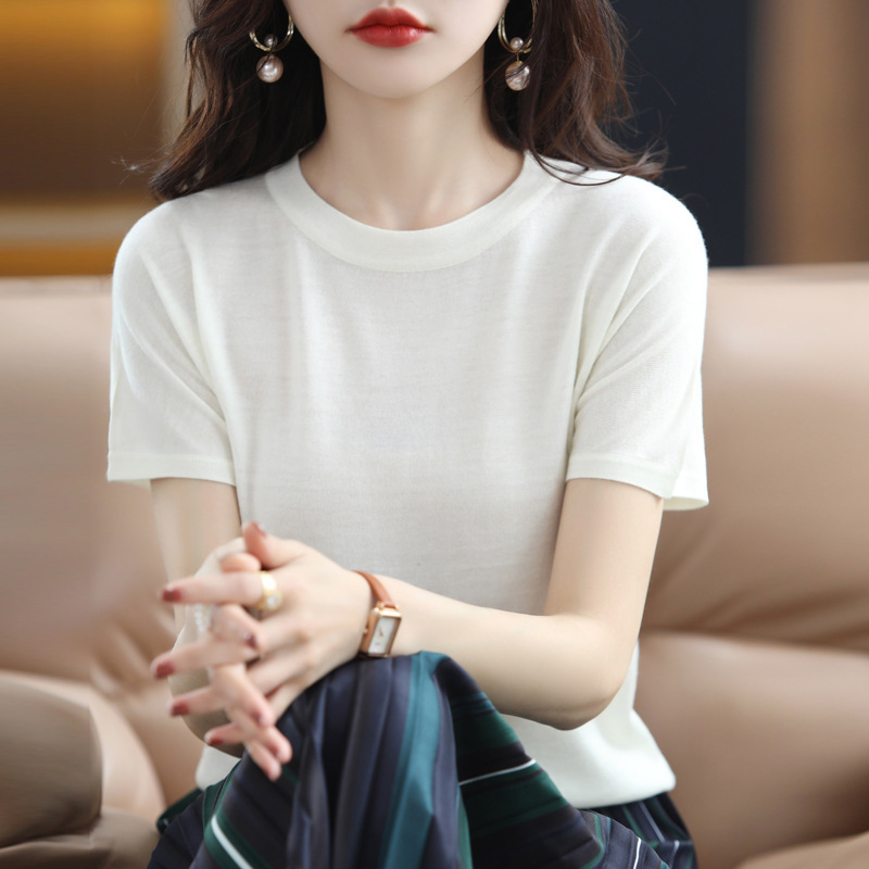 Spring and Summer thin wool short sleeve women's contrast color striped design knitted T-shirt round neck fashion worsted half sleeve top