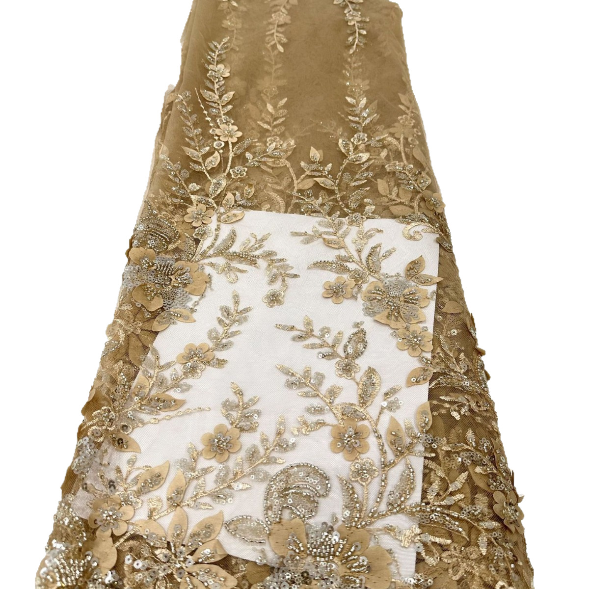 Flores láser tridimensionales sequinilla de plantas tela de tubo de perlas de alta fijación estilo antiguo vestido de boda vestido de tela