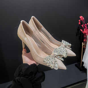 Mesh High Heels Women's Stiletto Sexy Rhinestone Bow White Wedding Shoes Champagne Dress Banquet Women's Shoes