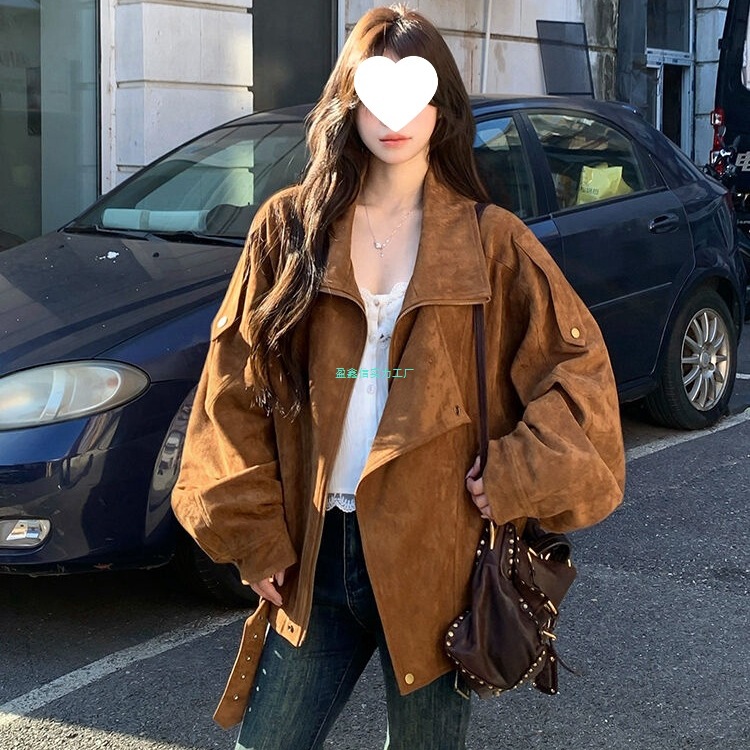 麂皮绒机车外套2025秋季复古美拉德休闲宽松慵懒翻领廓形感夹克女|undefined