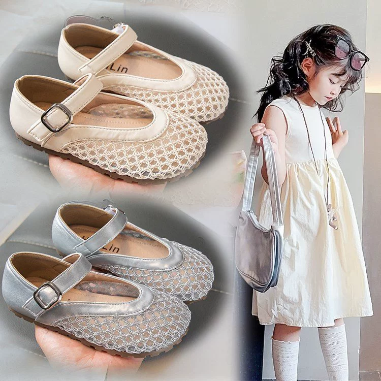 Летние кожаные туфли для девочек с вырезами, дышащие, новые 2025, мягкая подошва, повседневный стиль принцессы, экспортируемые сандалии с закрытым носком для девочек.