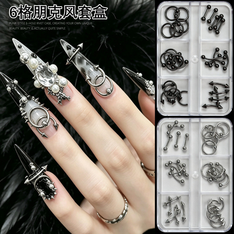 Non-removable nail art perforated rivet accessories, spicy girl style metal perforated studs and rings, wearable nail decorations Non-removable nail art perforated rivet accessories, spicy girl style metal perforated studs and rings, wearable nail decorations