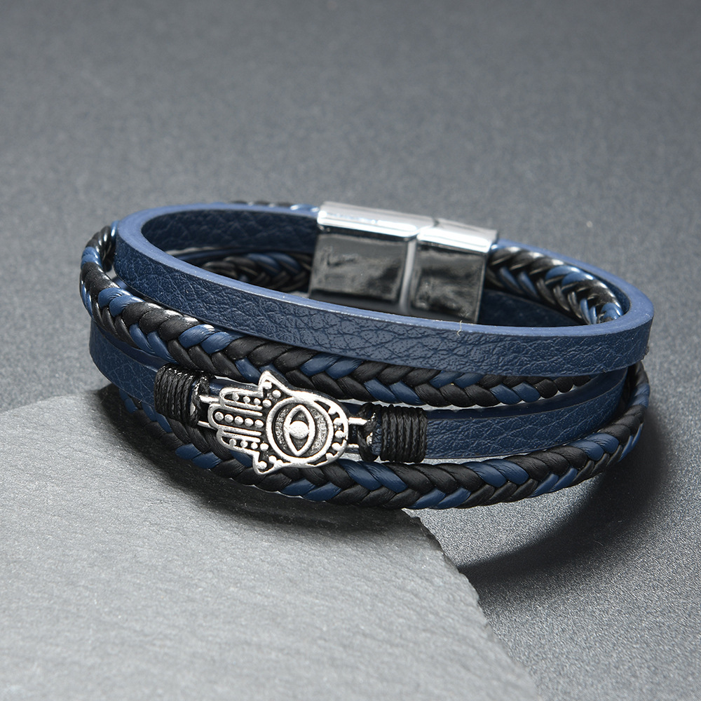 Men's Woven Leather Blue Turkish Bracelet Evil Horus Eye_voghion.com