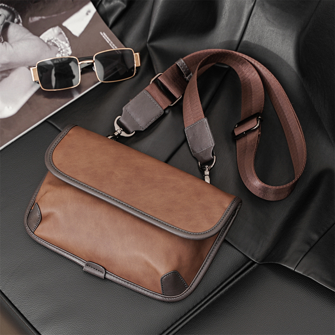 300g Weight Polyester Lining Material Weave Fashion Element Flip Cover Closure Type Sling Strap Strap Type Shoulder Bag Bags Type Casual, Daily, Shopping Occasion Pu Leather Material Plaid, Solid Color Pattern All Seasons Season Men's Gender Classic Style Style Square Shape Men's Plaid Solid Color Pu Leather Weave  Flip Cover Shoulder Bag 1