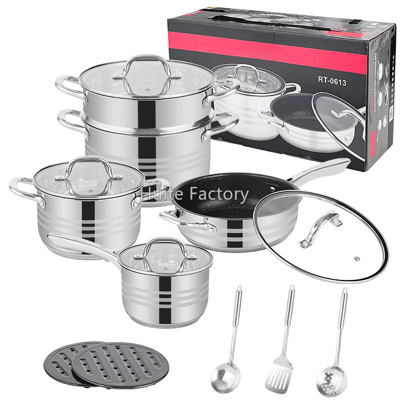 跨境13件套cookware set厨具加厚复底不锈钢套装锅带蒸格锅具套装|undefined