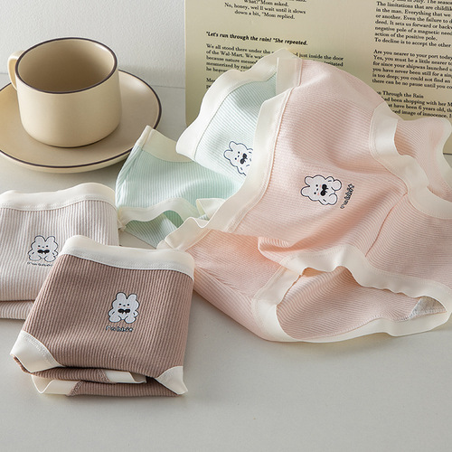 Threaded Seamless Contrast Color Waistband Cartoon Printed Bunny Girls Soft and Comfortable Women's Underwear Mid-waist Bag Hip Briefs