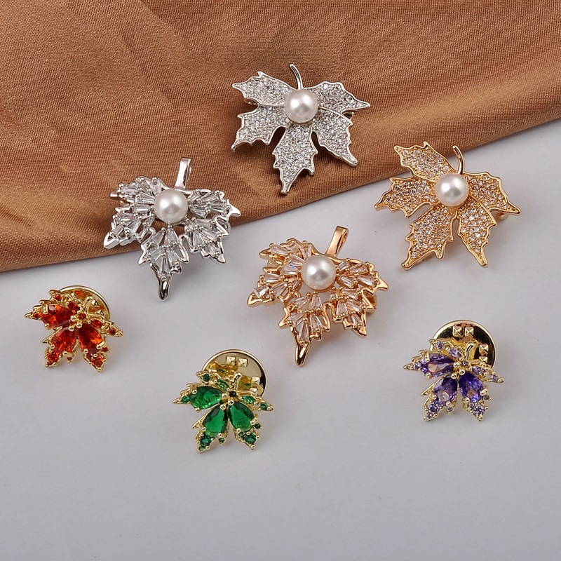 Brooches Classification Fashion Pin Maple Leaf Copper Plating Inlay Pearl Zircon Women'S Brooches