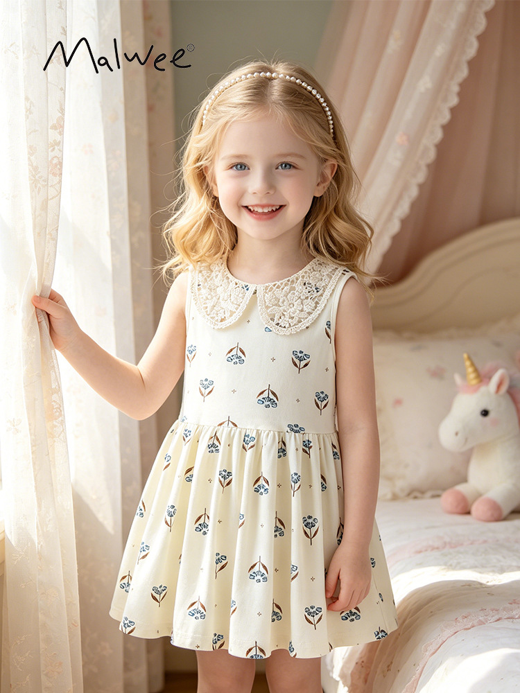 Malwee transfronterizo nuevo vestido de niñas, vestido de niñas de encaje dulce, suave y cómodo, niña europea y americana, niños de mediana edad