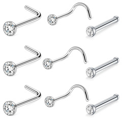 316 Stainless Steel L-Rod Diamond-Set Nasal Ring Straight Bar Titanium Steel European and American Fashion Body Piercing Jewelry S-Rod Nasal Ring Nasal Stud