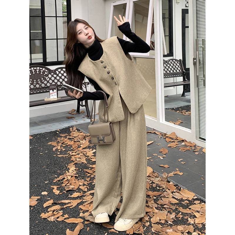 卡其色小香风马甲长裤套装女春季轻奢高级感穿搭休闲阔腿裤两件套|undefined