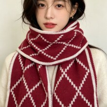 双面红色格子围巾女秋冬百搭圣诞送生日礼物新年毛线针织围脖保暖