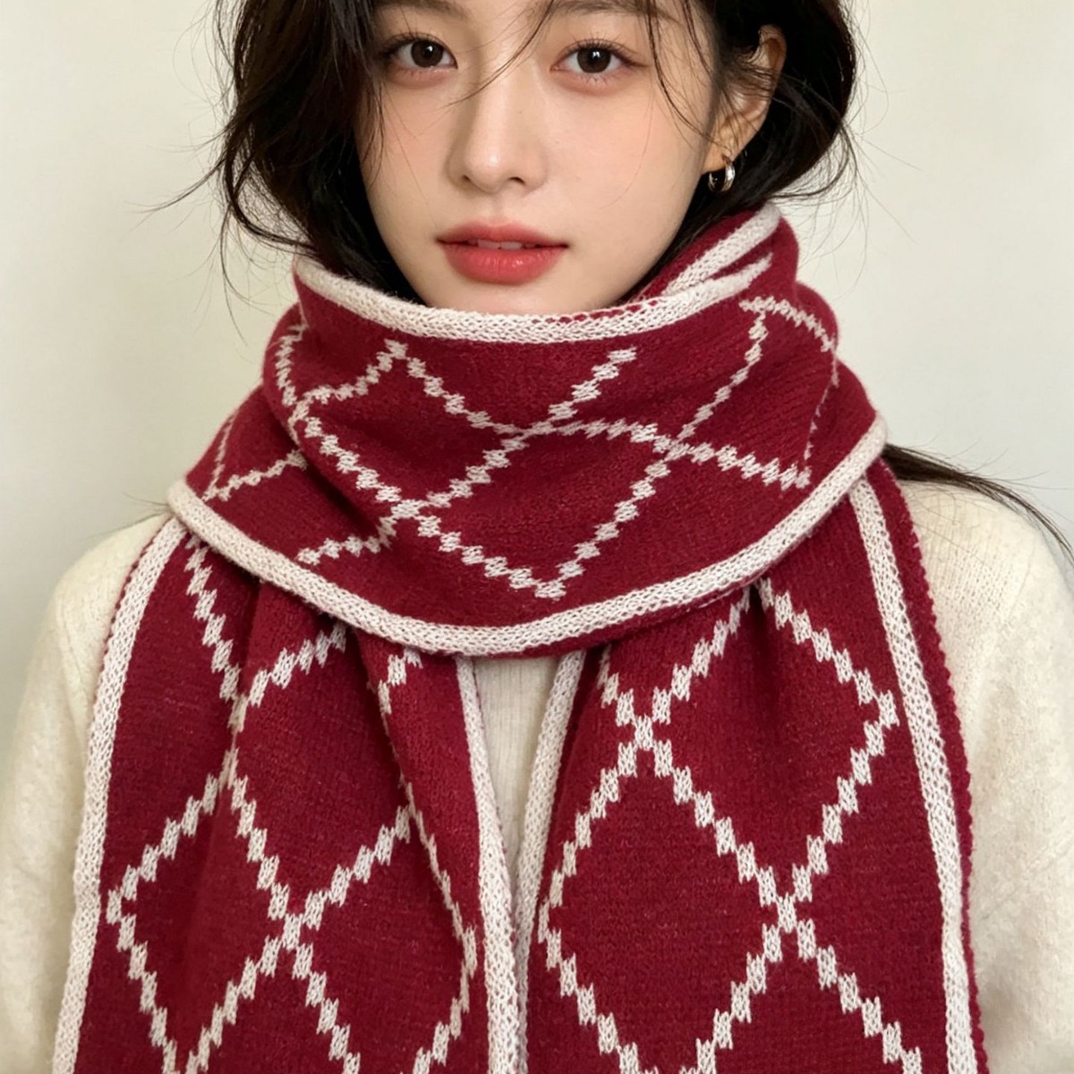 双面红色格子围巾女秋冬百搭圣诞送生日礼物新年毛线针织围脖保暖