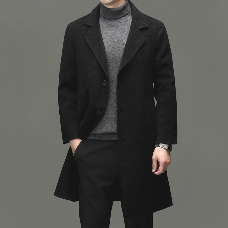 Новое мужское шерстяное пальто, молодежное деловое шерстяное пальто средней длины с воротником-стойкой, мужская однобортная куртка.
