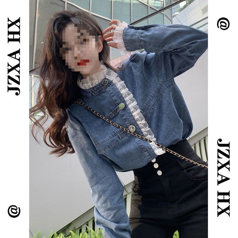 Designed Lace Splicing Denim Shirt for Women Autumn 2025 New Large Size Fat mm Western Style Chic Jacket Top