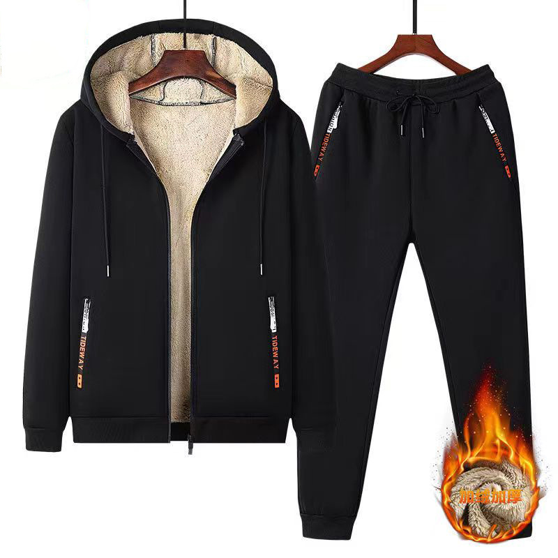 Trajes de cordero transfronterizos chaqueta caliente con capuzas para hombres con pantalones de cachemira de invierno más gruesos