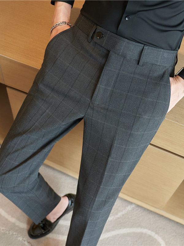 Pantalones de traje de hombre al por mayor de comercio exterior pantalones casuales de negocios pantalones de Traje a cuadros delgados sin planchar pantalones de hombre verde image 4