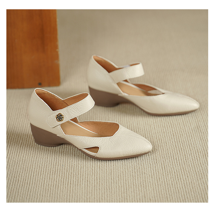 Sandal nữ đế xuồng mũi nhọn da cừu, gót 7 cm, phong cách retro — Màu trắng nhạt chi tiết 10
