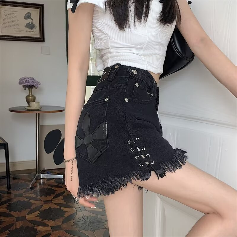 Black Hot Girl Plus Size Denim Shorts Women's Summer 2025 New High Waist Drawstring Cross Raw Edge Hot Pants