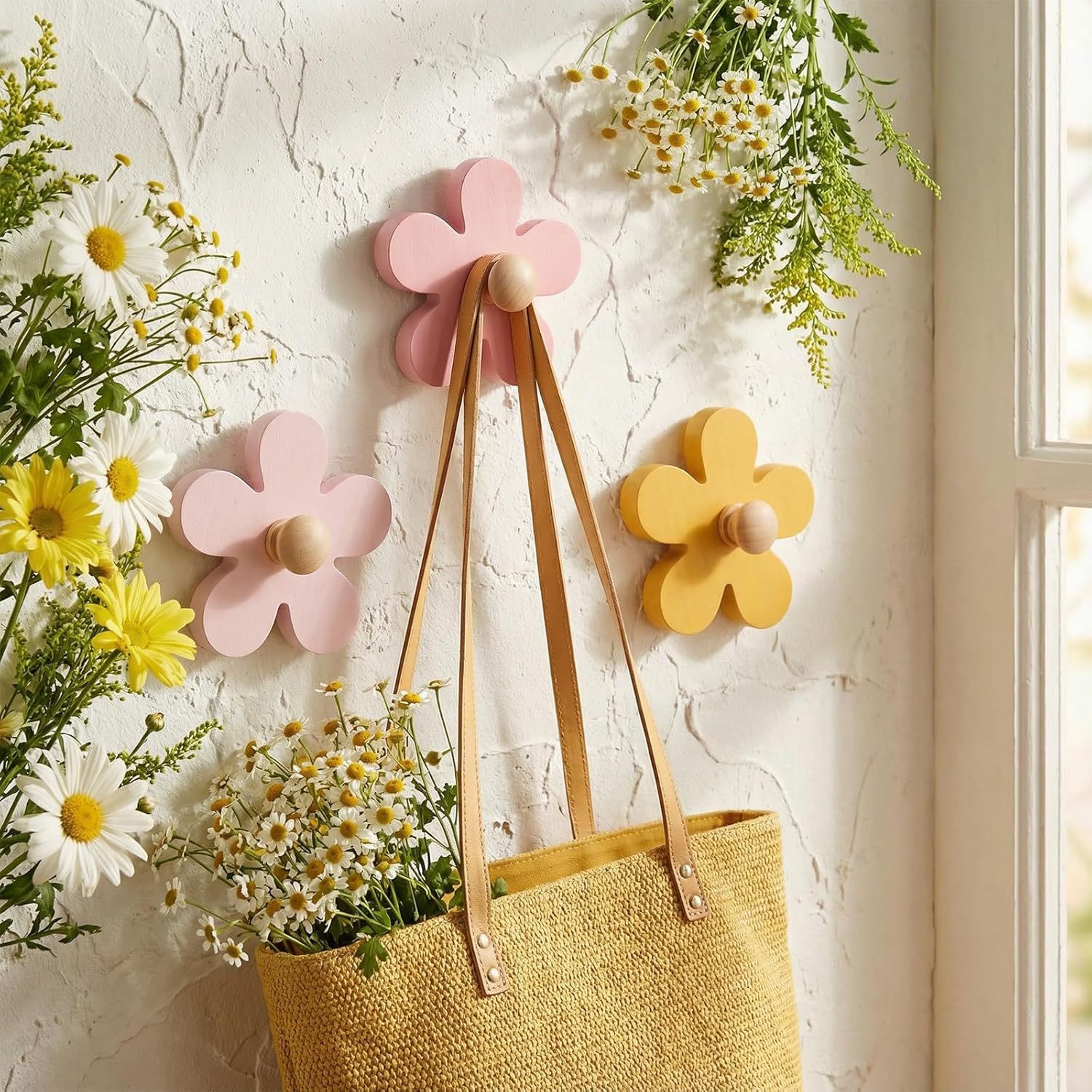Solid wood flower wall-mounted coat rack for the living room, hallway, or entryway, colorful flower wall rack