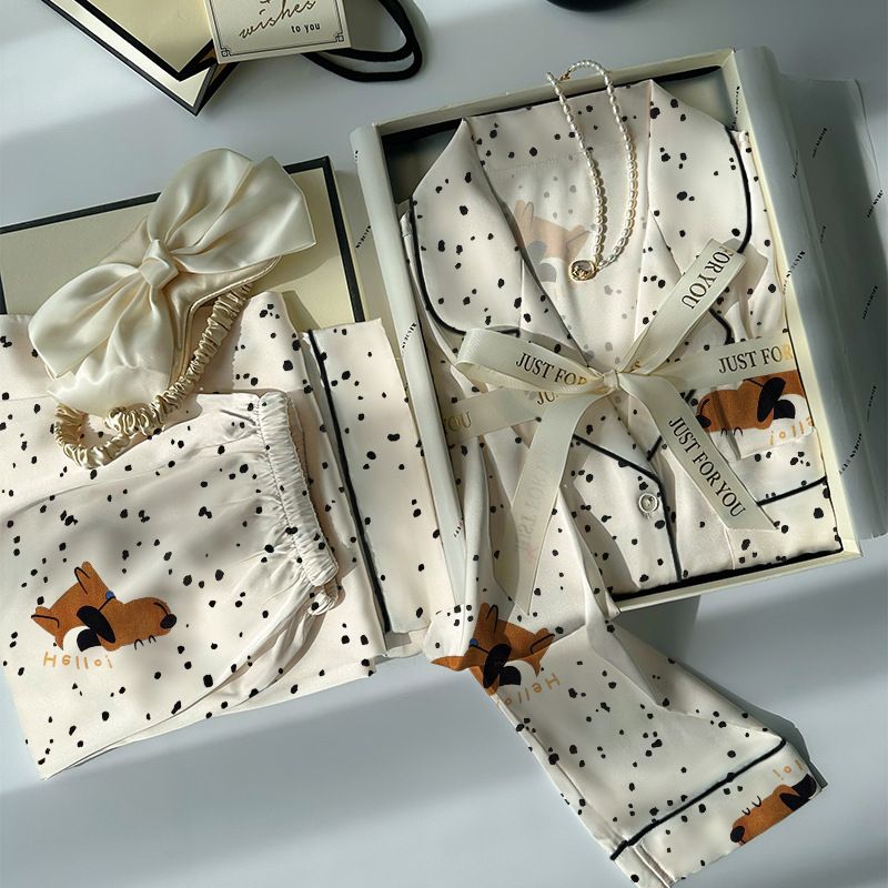 少女斑点小狗冰丝睡衣女款春秋季超火爆款长袖家居服套装实拍批发