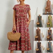 齐色齐码 棉麻裙 跨境外贸欧美新款女宽松无袖圆领印花夏季连衣裙