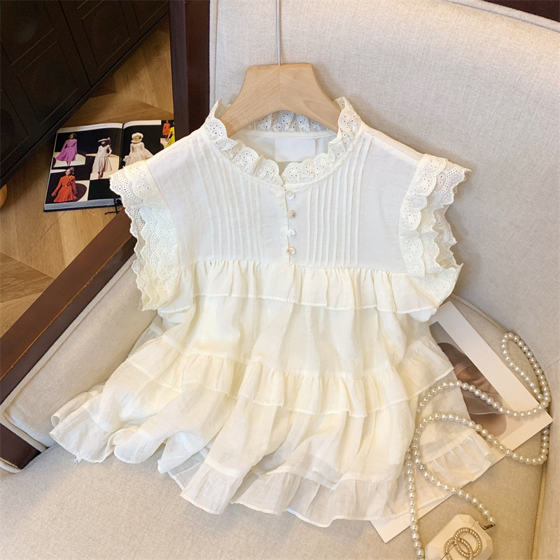 実拍甘重工レース飛袖シャツ2024夏韓系ins小衆シワ上着女|undefined
