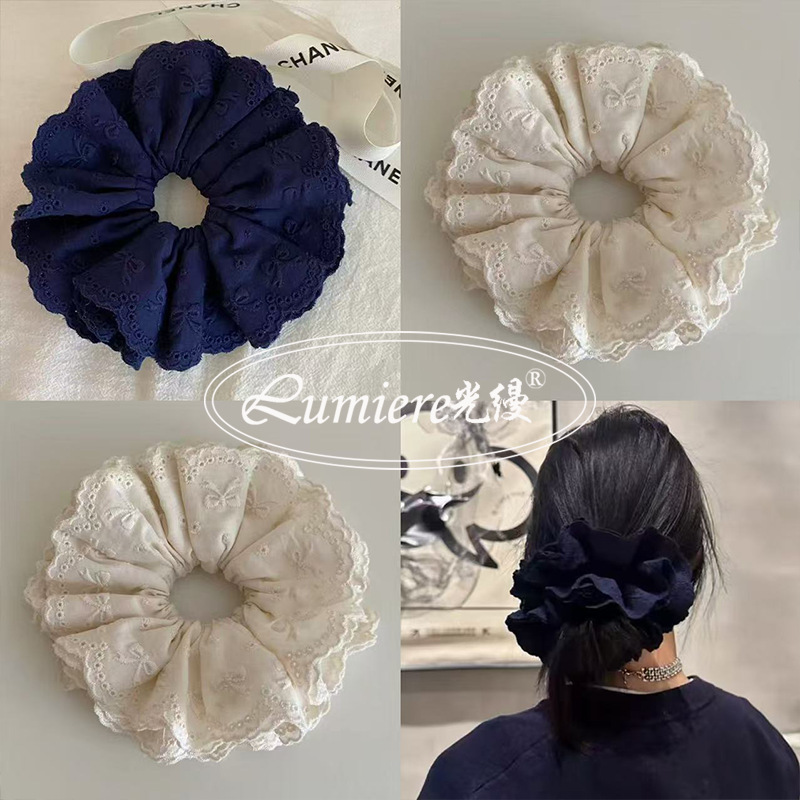 韓国ニッチバレエスタイルネイビーブルーのリボン純綿刺繍ヘアゴムハイエンドレトロ帽子ヘアロープ|undefined