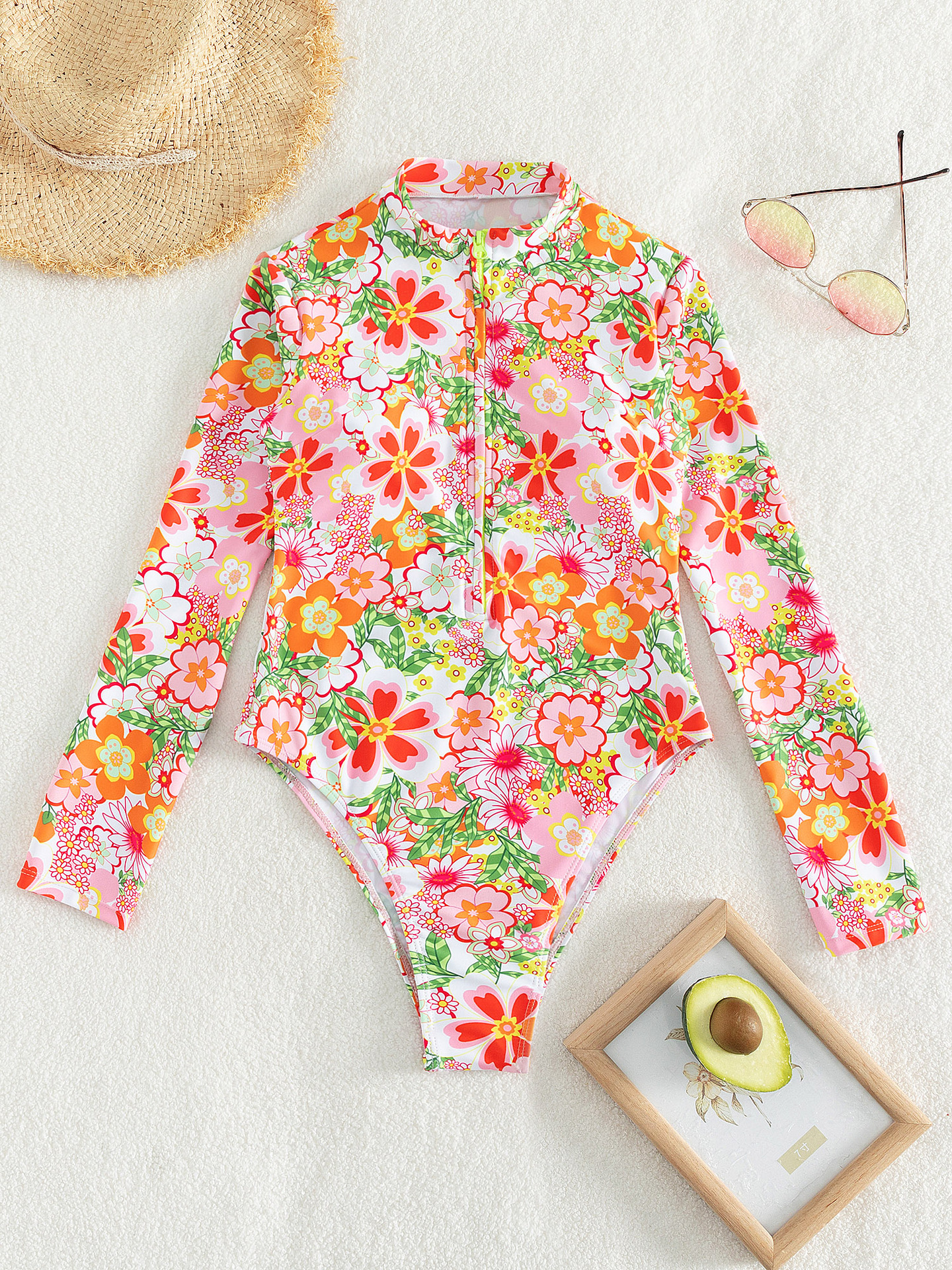 Women's Floral Print One Piece Swimsuit Long Sleeve Zipper Wetsuit Pink American Style Fashionable Bikini_ecoleips.com