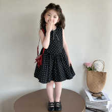 跨境INS爆款童装（内衬拉链）黑色波点连衣裙夏季公主裙儿童背心