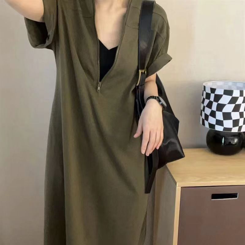 Plus Size mm Retro Hepburn Zipper Long Dress Women's Summer Versatile V Neck Skirt Loose Slimming Look Belly-Covering Long Skirt Plus Size mm Retro Hepburn Zipper Long Dress Women's Summer Versatile V Neck Skirt Loose Slimming Look Belly-Covering Long Skirt
