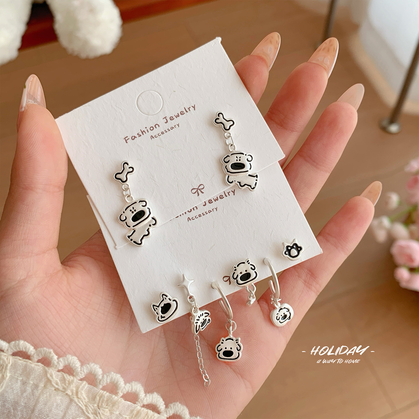 new niche design cute line puppy asian silver earings set female silver needle personality student 925 earrings