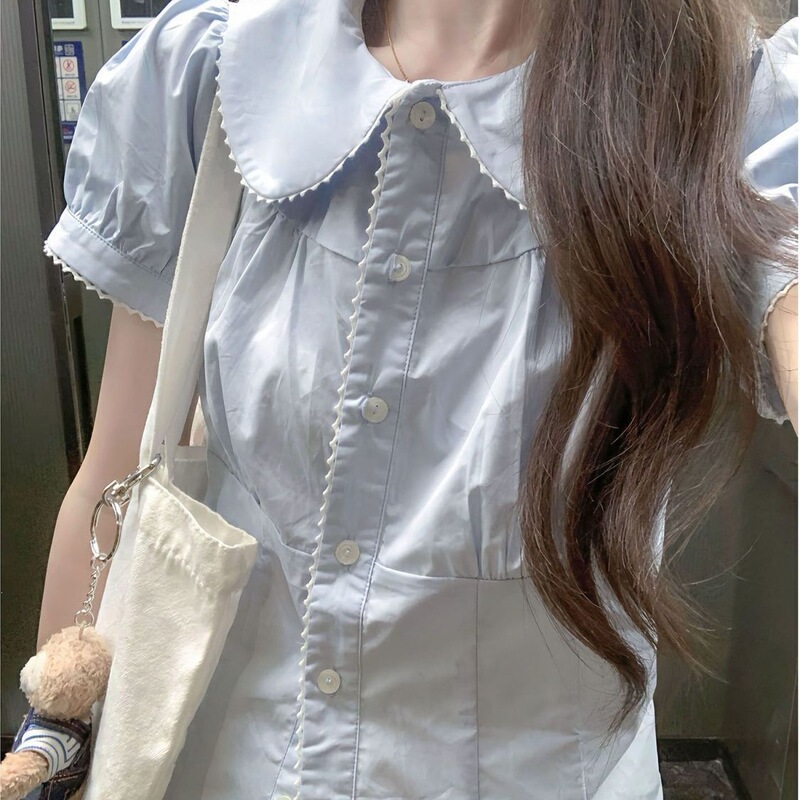 Japanese-Style Doll Collar Short-Sleeve Shirt for Girls, Summer Design for Petite Figures, Short Half-Sleeve Puff Sleeve Top Japanese-Style Doll Collar Short-Sleeve Shirt for Girls, Summer Design for Petite Figures, Short Half-Sleeve Puff Sleeve Top