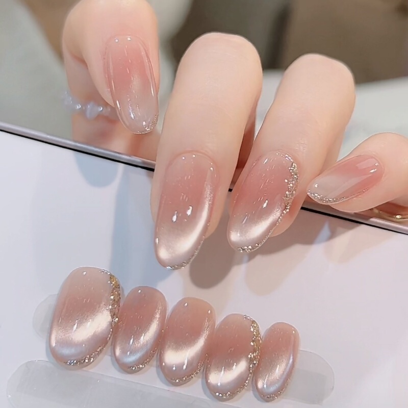 Wearable Nails, Pure Handmade Ice-Transparent White Moonlight Nude Color Streamer Cat-Eye Nails, High-End Whitening and Elegant Nail Art Patches