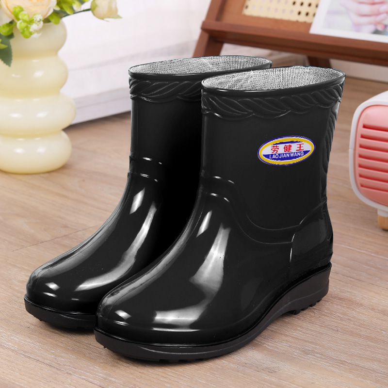 厚い底の雨靴の女性の中筒の保温とベルベットの滑り止め防水靴の短い筒の成人の雨靴の台所の超厚いゴム靴の冬|undefined