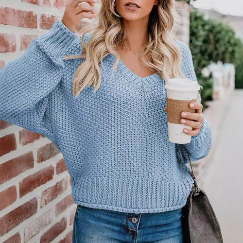 WishEbay Autumn/Winter European and American Loose Knit V-neck Sweater for Women