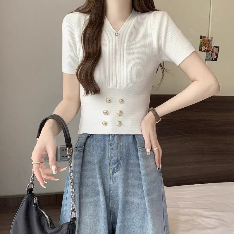 V-Ausschnitt, hohe Taille, kurzärmeliger Damen-Sommer, neuer französischer Stil, kleiner, duftender Wind, Eisseide, gestrickter Pullover_voghion.com