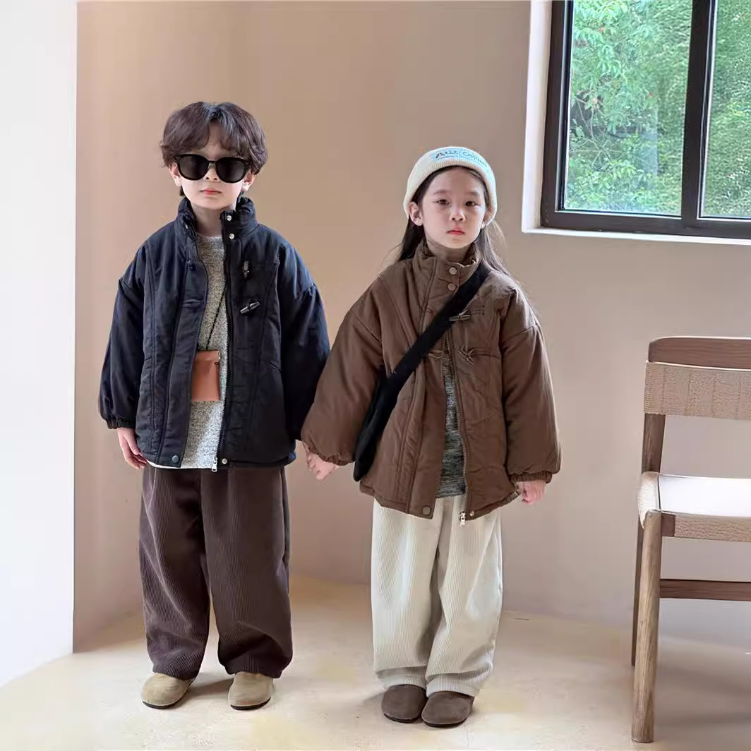 Abrigo de Algodón Estilo Chino para Niños, Invierno 2024, con Relleno de Algodón, Abrigo Retro Grueso con Botones de Cuerno para Niños y Niñas