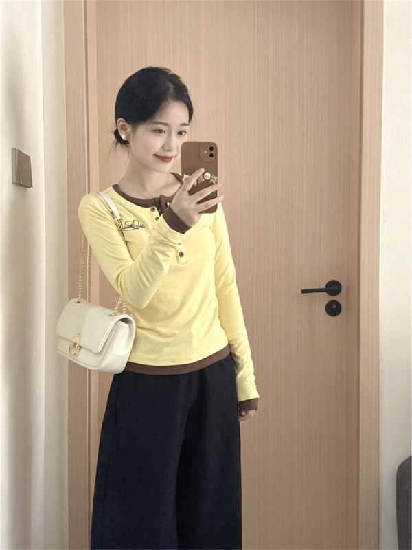 韩系穿搭黄色假两件长袖t恤女秋季气质修身半开领刺绣打底衫上衣|undefined