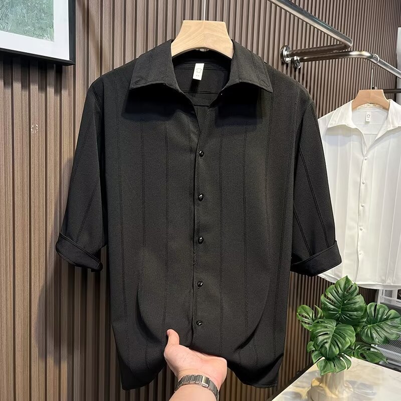 Camicia uomo a maniche corte a righe in misto seta casual_voghion.com