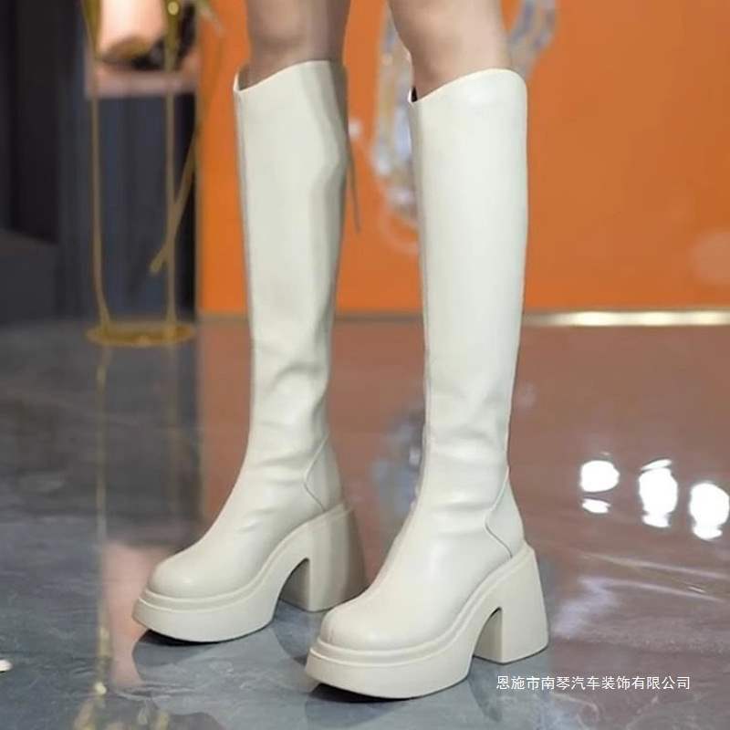 Z2025 New Thick-Soled Thick-Heeled Autumn and Winter High-Heeled Cream Boots V-Mouth Knee-High Boots Knight Boots Long Boots
