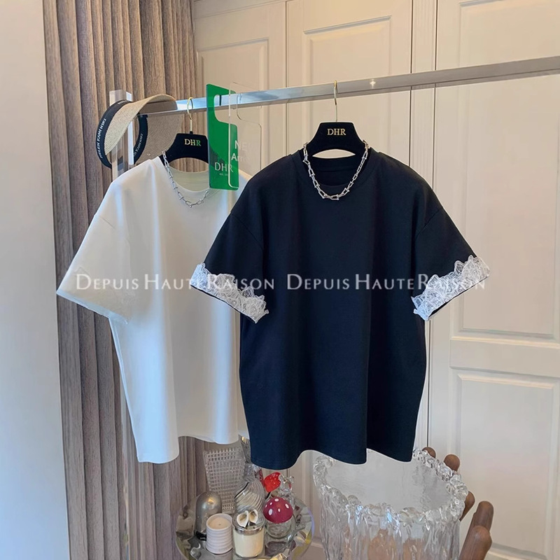 Foreign trade original order Cotton Short-sleeved T-shirt Women's plus size Summer Fashion Lace Stitching Age-reducing Slim-fit Top