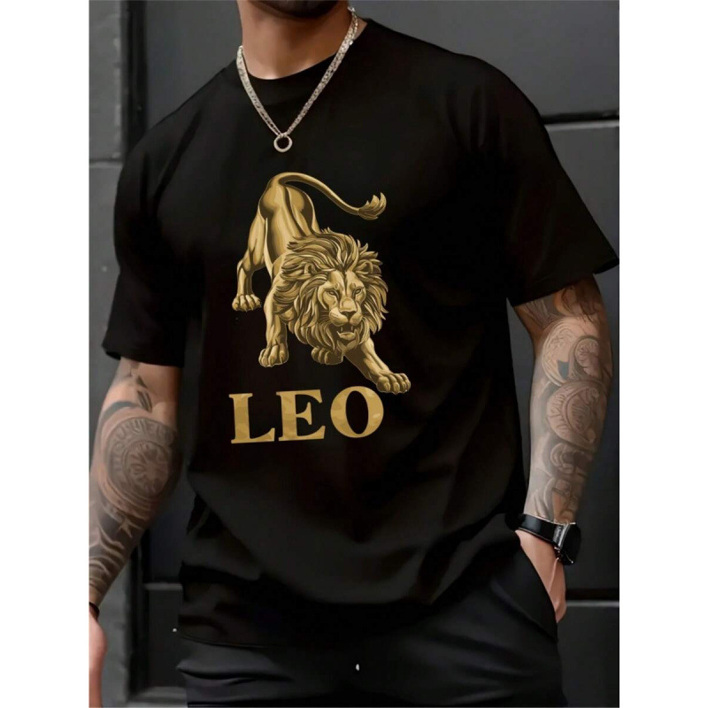 European Size Pure Cotton Men's T-Shirt with Leo Lion Pattern, Men's 220Gsm