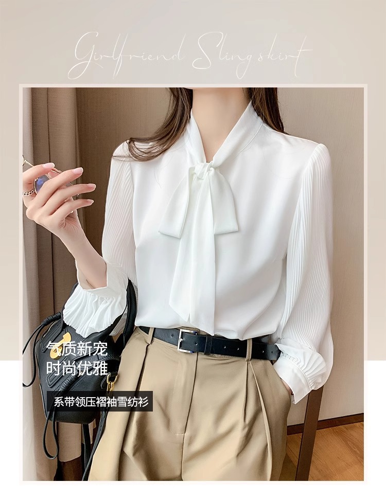 Elegant Spring Bow-tie White Chiffon Shirt Women's Tops Solid Long