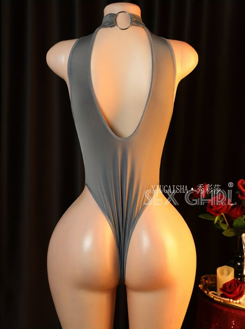 Halter Neck Open-Crotch Bodysuit with Backless Hollow-Out Design, Black One Size — detail image 20