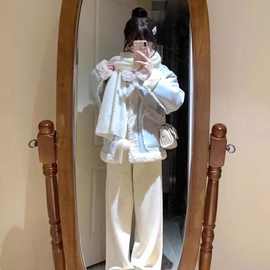 秋冬新品双面穿设计麂皮蓝色皮毛一体加厚保暖毛毛外套女