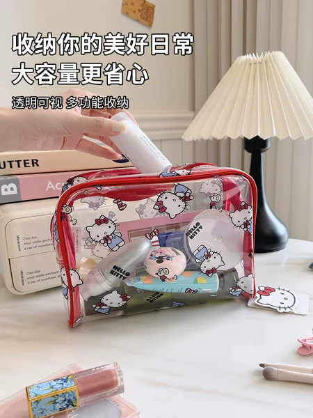 Popular Sanrio Cartoon Transparent Makeup Bag with Large Capacity and High Aesthetic Appeal, Kuromi Cute Portable Travel Storage Bag