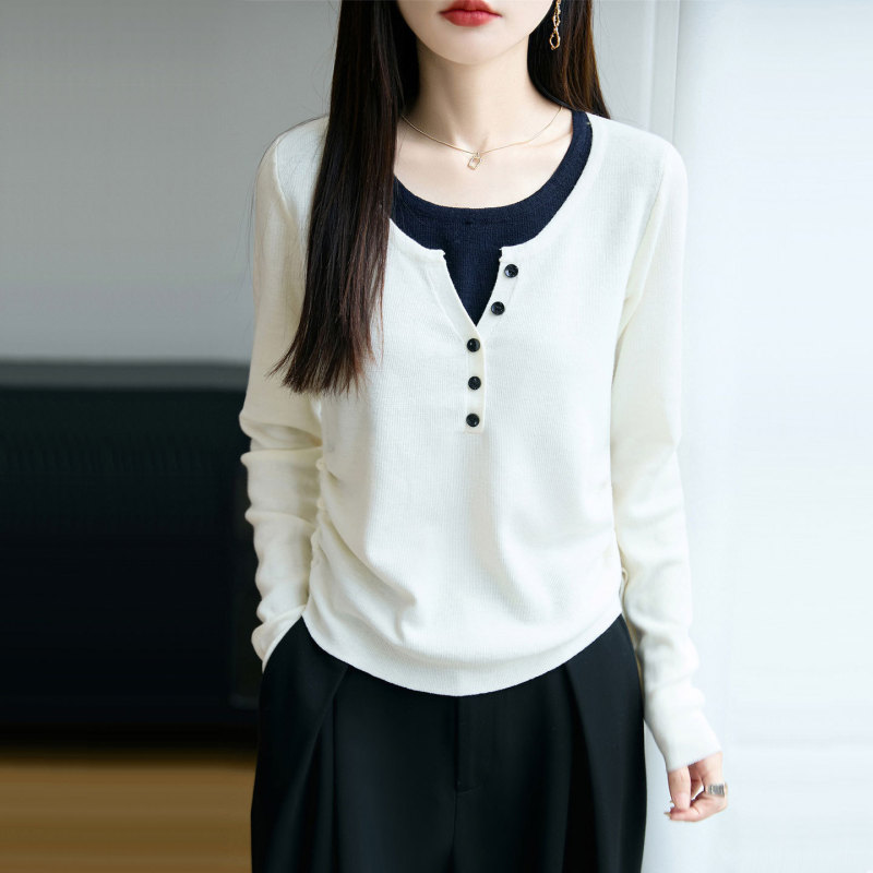 2025秋季新款假两件女士针织衫毛衣气质修身显瘦长袖上衣女A7124|undefined