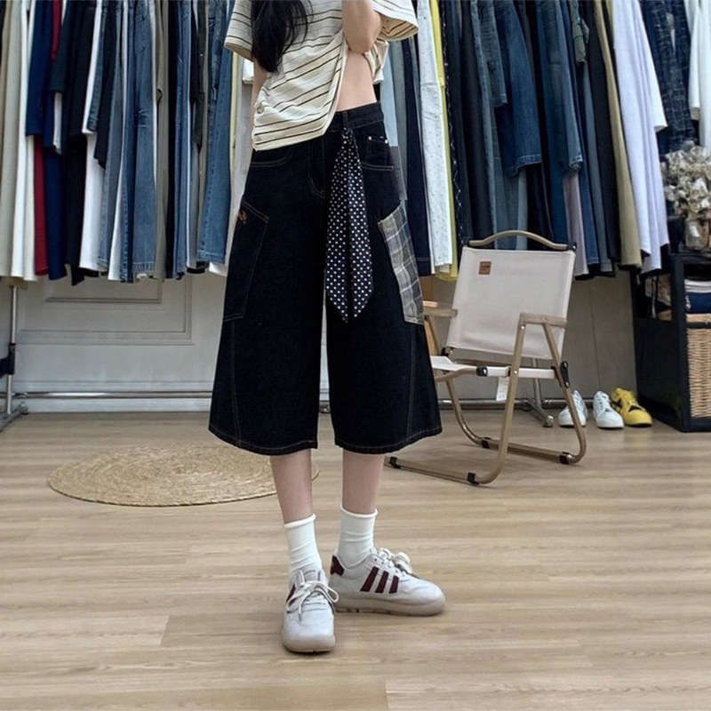 American High Street Retro Design Slimming Look Three-Point Denim Shorts for Women Summer Large Size Fat mm Wide Leg Straight Pants