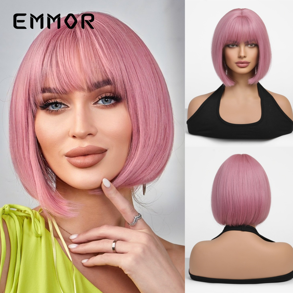 EMMOR Amazon venta caliente cabello corto rosa Qi flequillo BOBO cabello liso peluca de seda de alta temperatura mate europea y americana