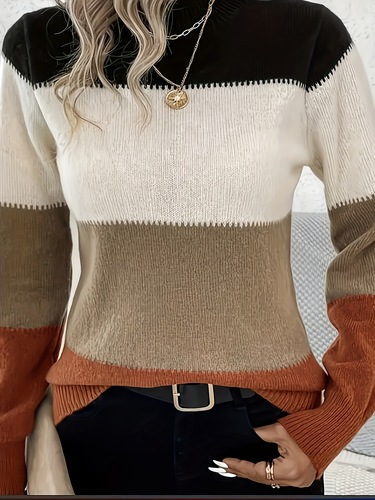Women's Elegant Color Block Round Neck Long Sleeve Sweater